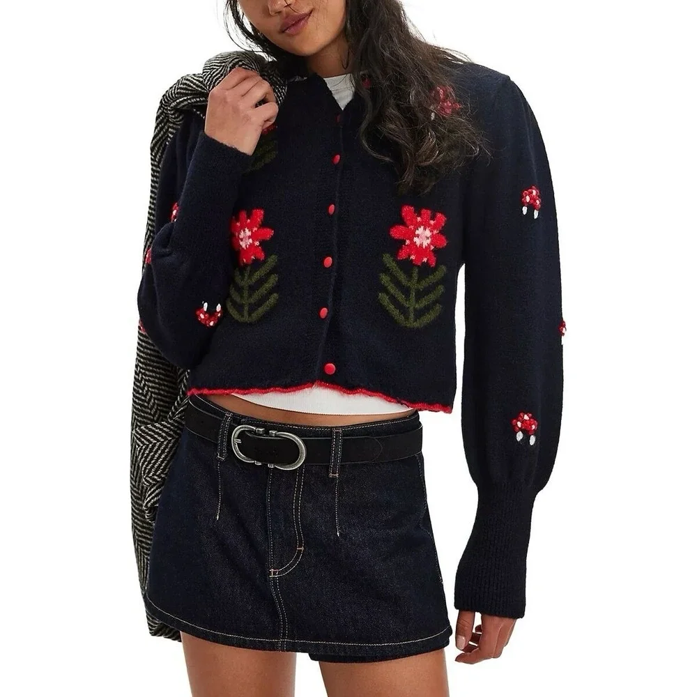 Free People Nonna Knit Cardi Floral Cardigan Sweater‎ Black Small Granny Cottage